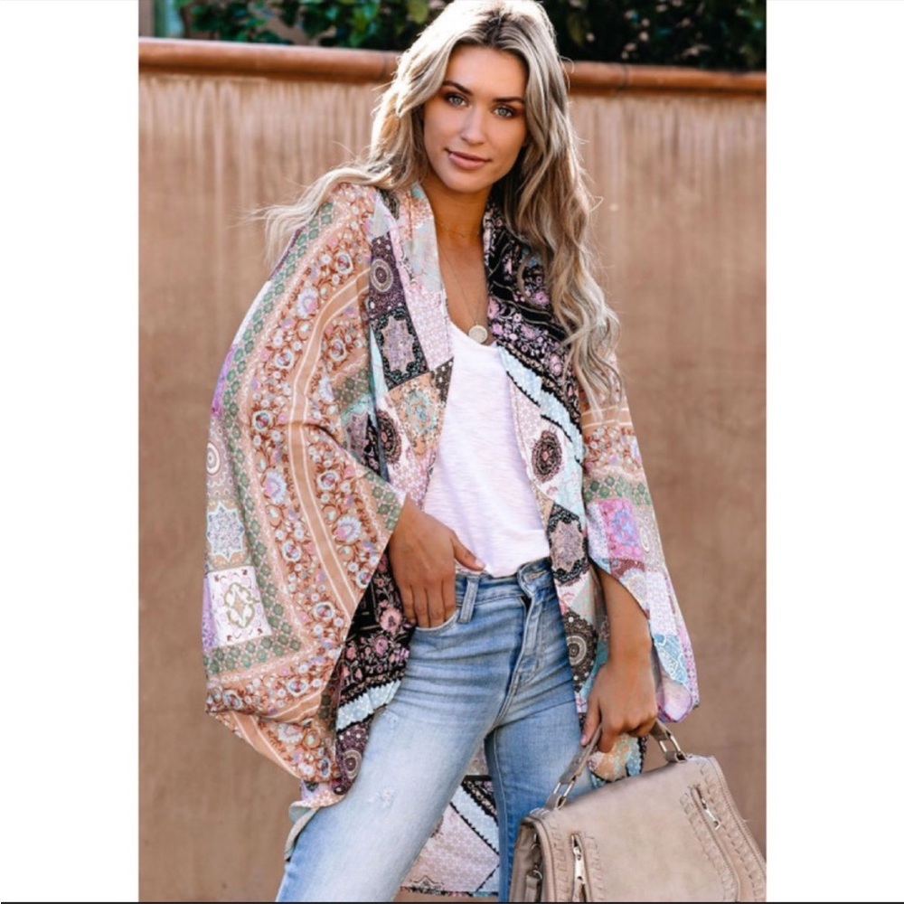 Multicolor Boho Mixed Pattern Open Front Kimono - image 1